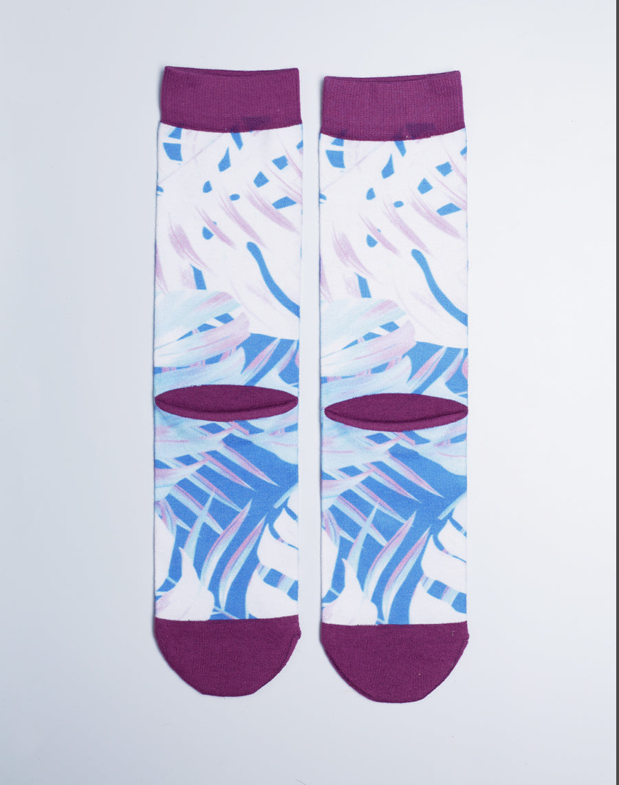 Unisex Neon Palm Leaves Tropical Printed White Crew Socks - Just Fun Socks - Cotton Made