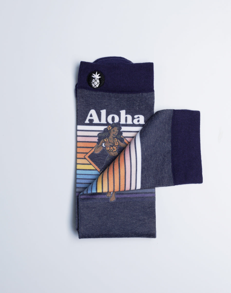 Unisex Retro Hula Aloha Tropical Printed Crew Socks - Navy Blue Cotton Made Socks