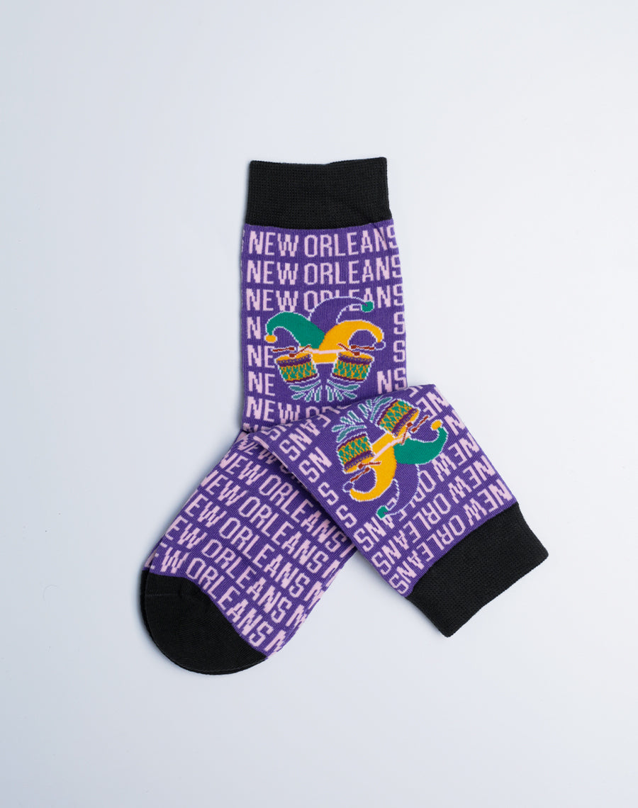 Kids New Orleans Jester Drum Crew Socks - Purple Socks Novelty Socks