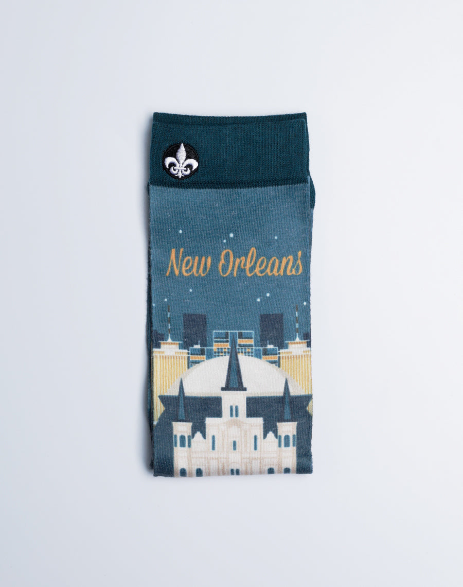 New Orleans Skyline Printed Teal Color Cotton Made Premium Unisex Socks