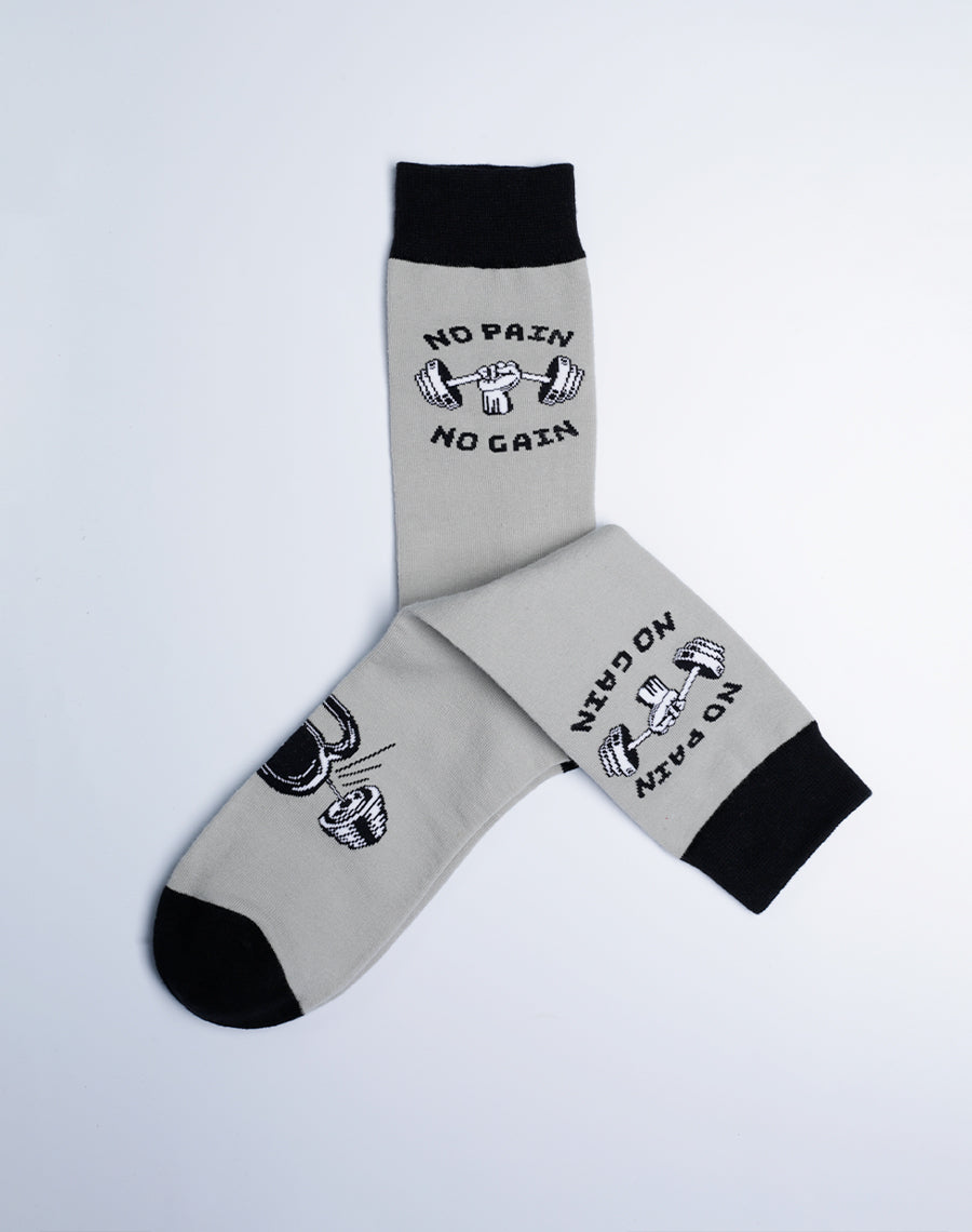 Men's No Pain No Gain Gym Crew Socks - Grey Color - Just Fun Socks