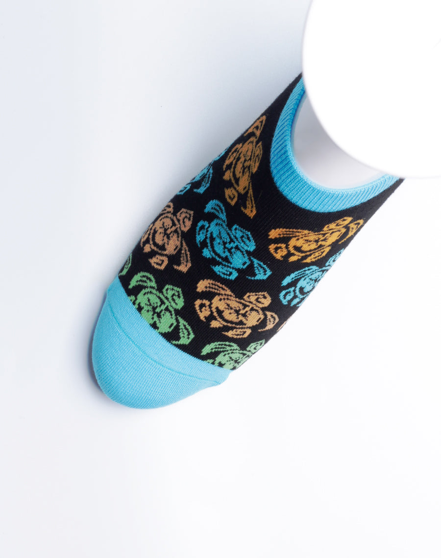Blue Color No Show Ankle Socks - Tribal Turtle Design - Just Fun Socks