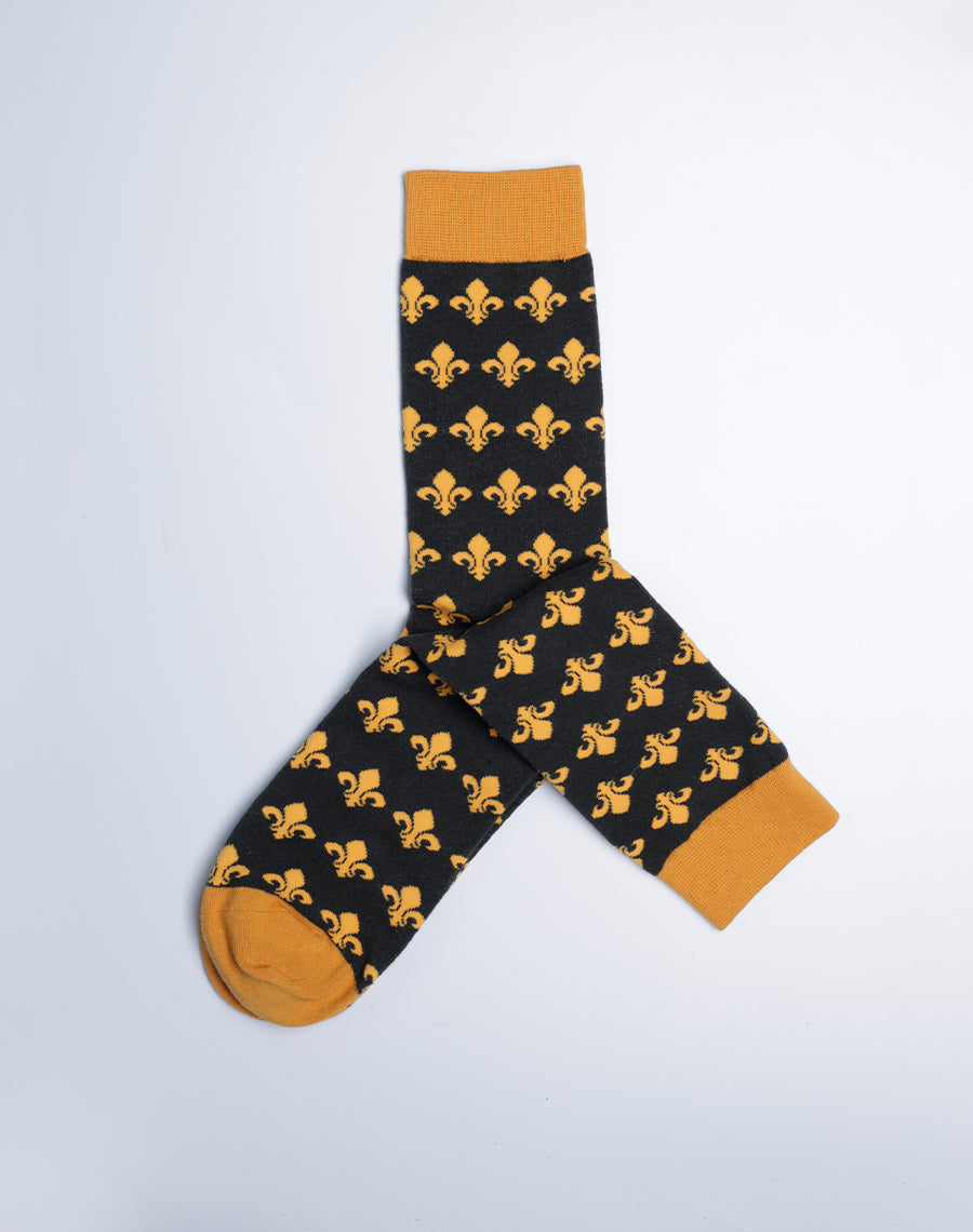 Fleur De Lis Crew Socks for Men - Black Yellow Printed Socks