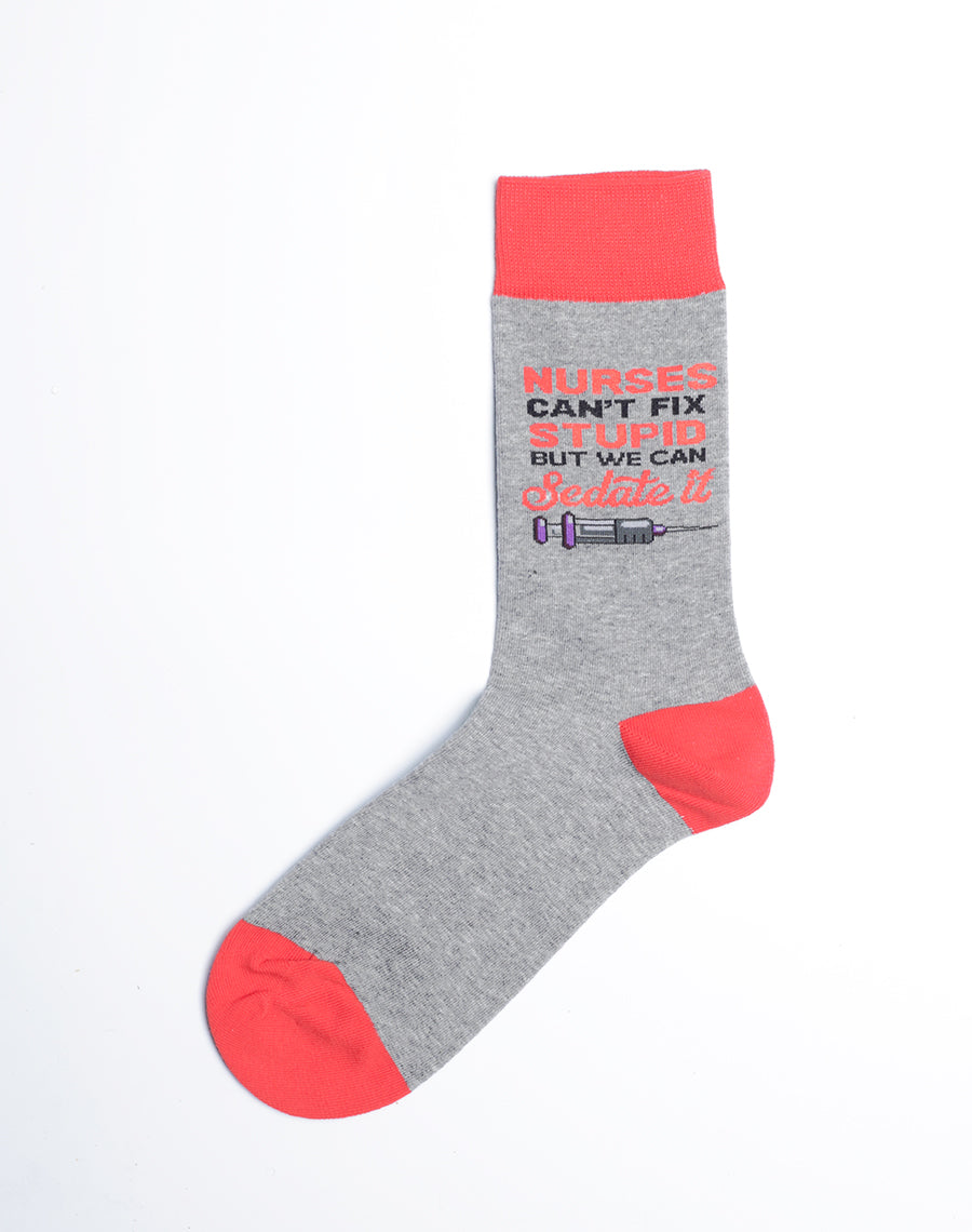 Womens Grey Crew Socks - Cant Fix Stupid Quote Cotton Made Socks