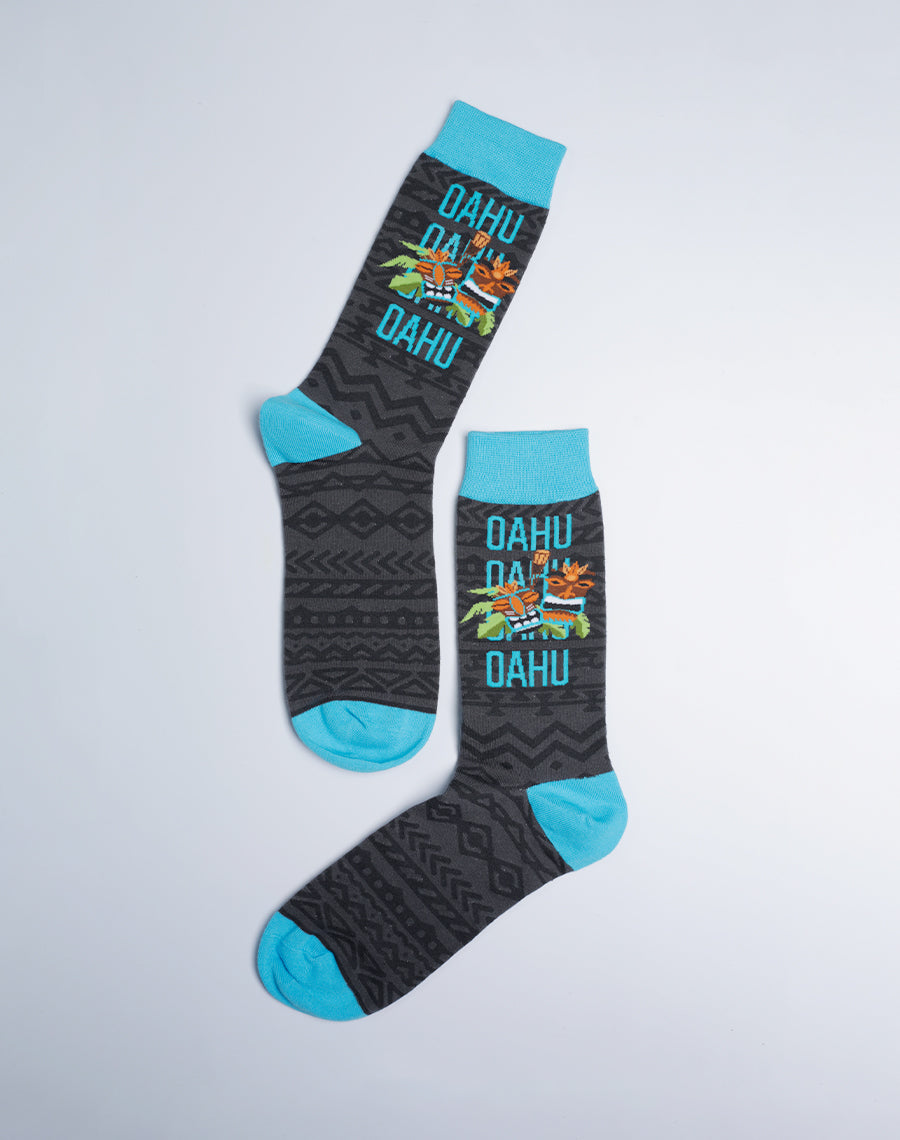 Hawaiian Crew Socks for Men - Oahu Tiki Tribal Printeed Socks - Grey