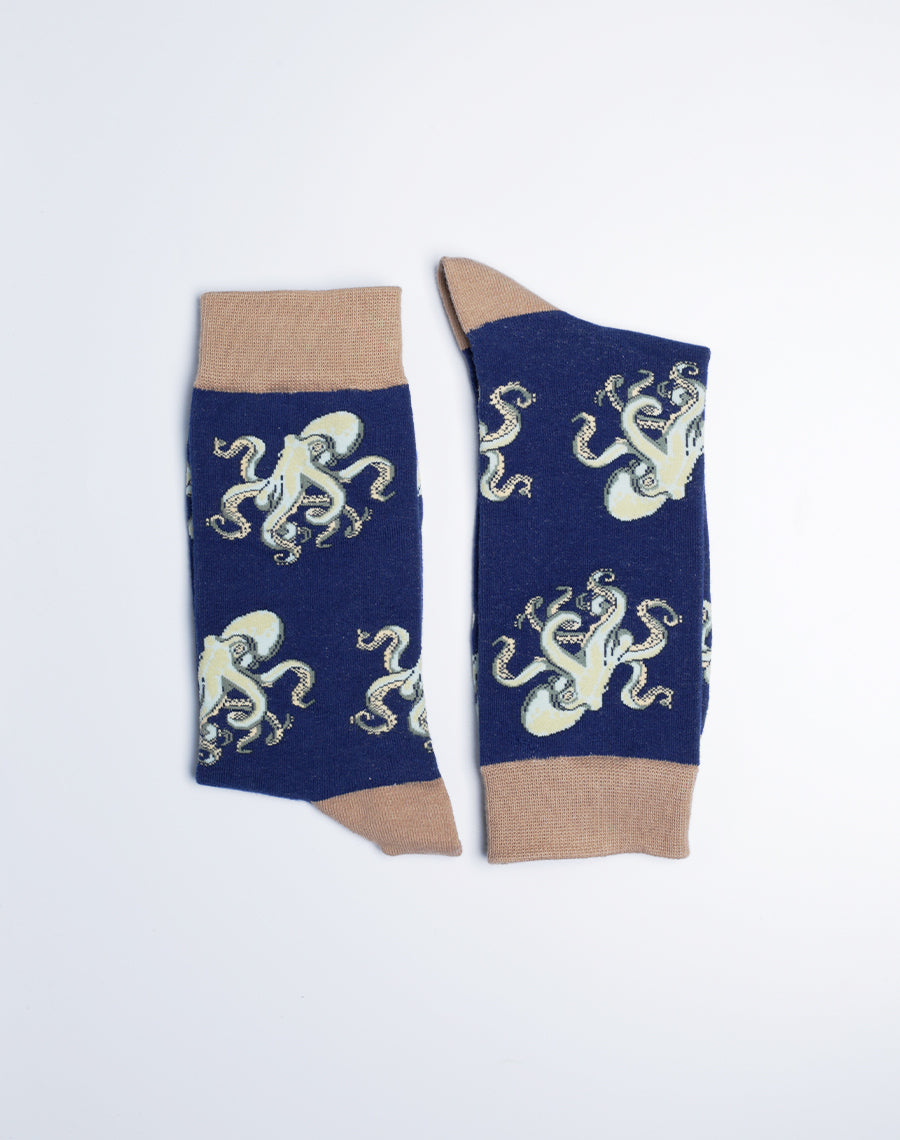 Men's Octo Marine Octopus Crew Socks - Blue Color - Octopus Print Cotton made Socks