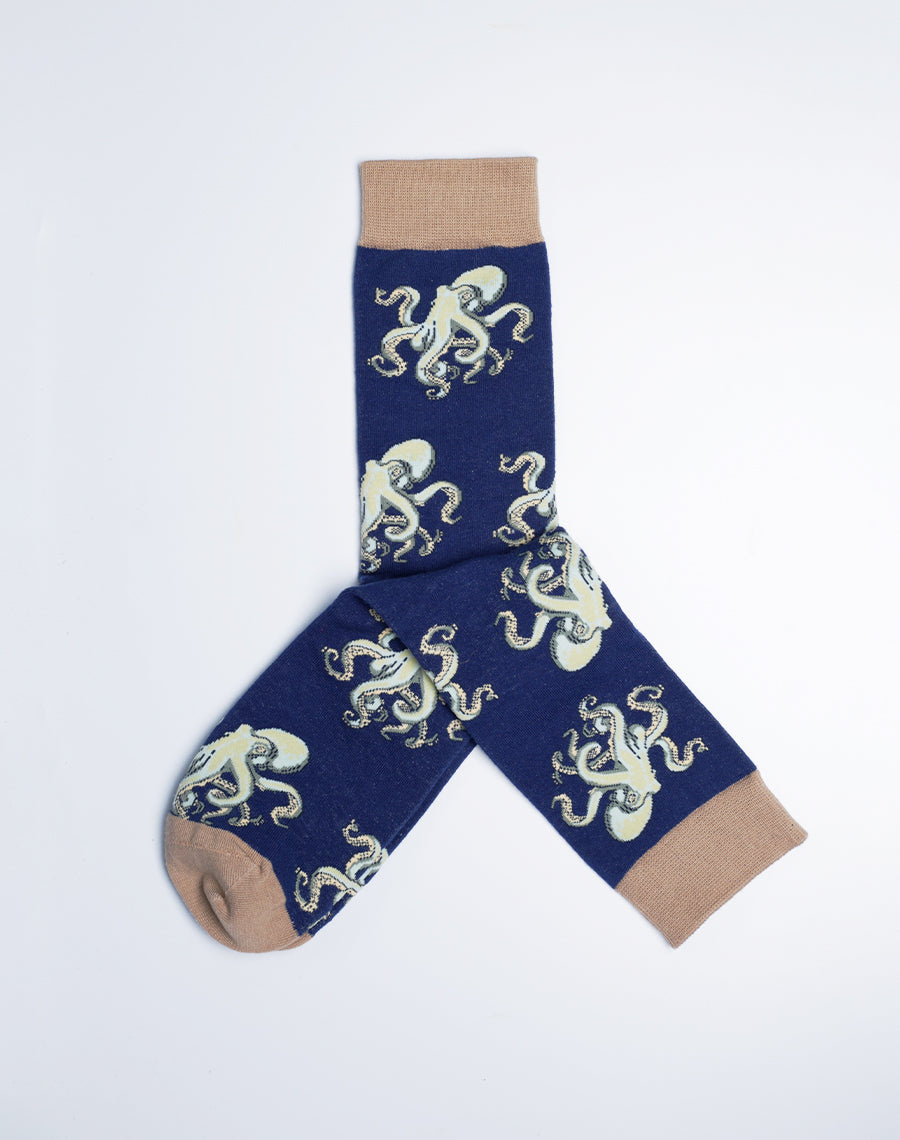 Men's Octo Marine Octopus Crew Socks - Just fun Socks - Blue Color with Brown Stitch