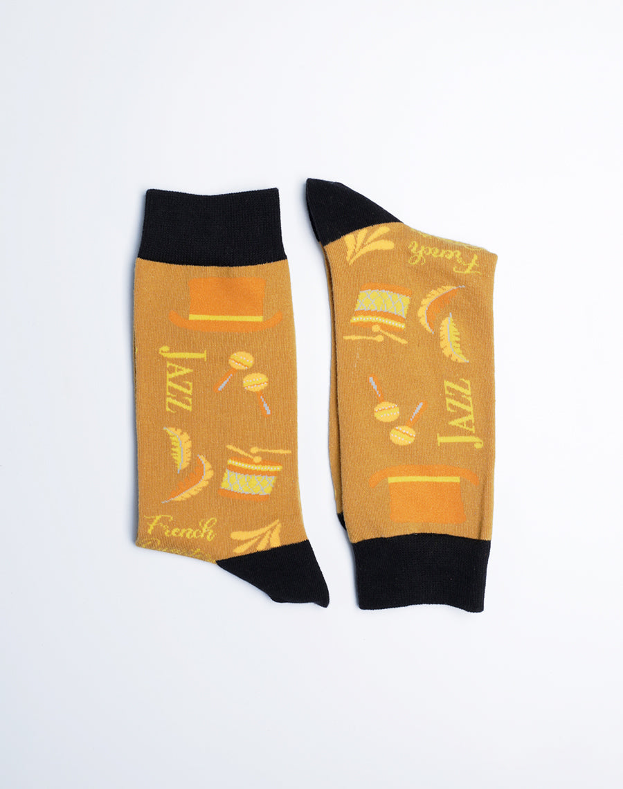 Men's Old School NOLA Crew Socks - Just Fun Socks - Golden Yellow Printed socks with Black Stitched Design