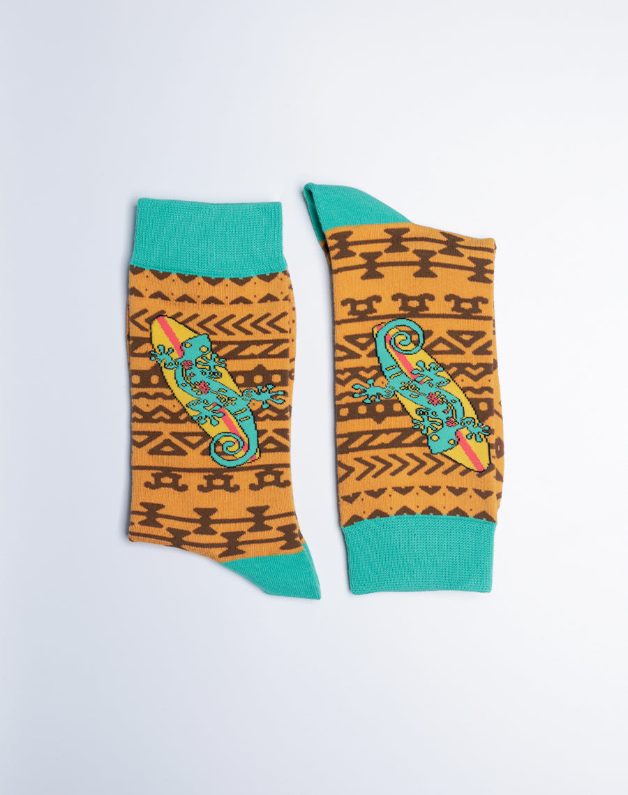 Green Gecko Printed Orange Color Hawaii Crew Socks for Men