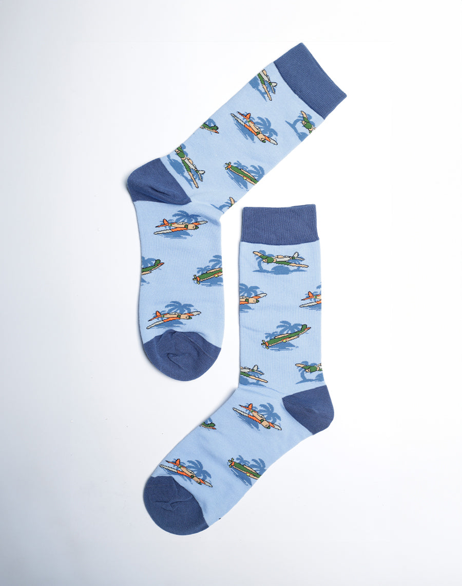 Fighter Plane Printed Blue Color Cotton Made Crew Socks for Men