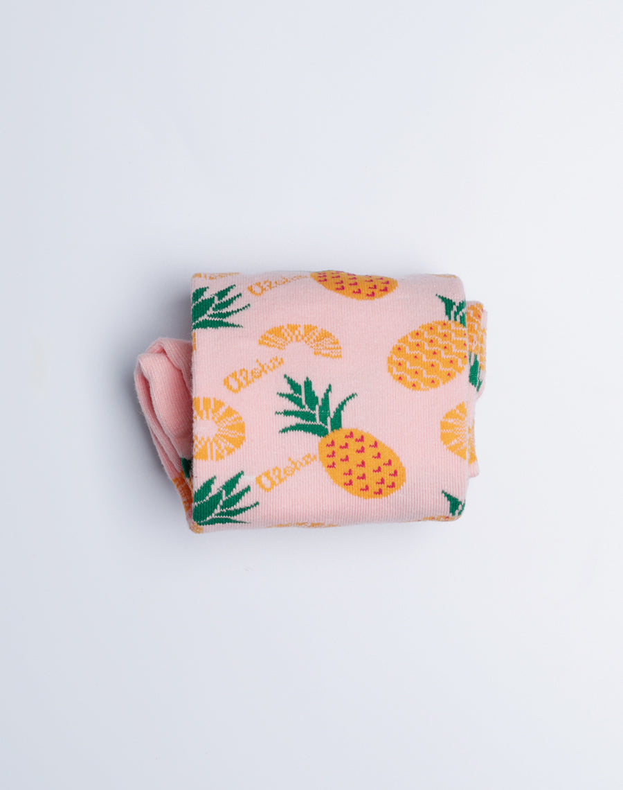 Pineapple Printed Cotton Made Crew Socks for Women - Tropical Aloha Pink Color Socks