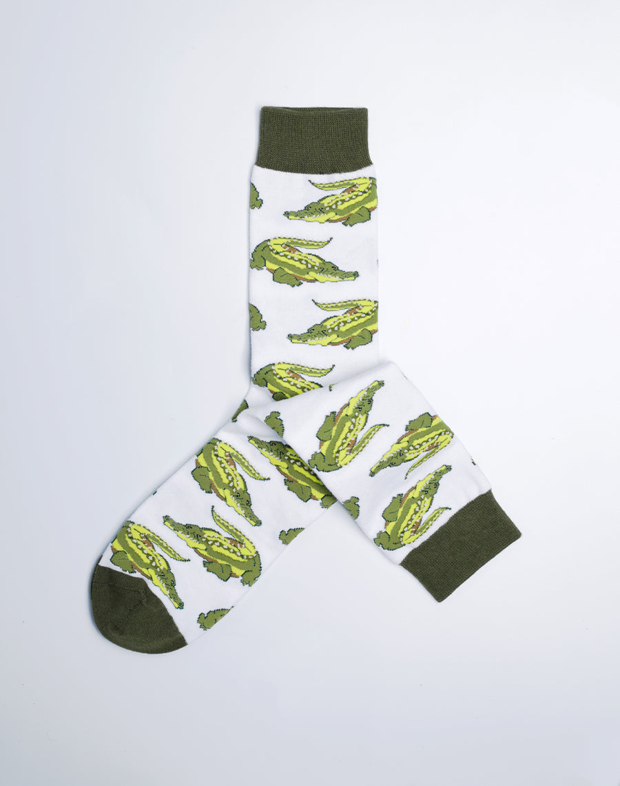 White Color Alligator Printed Socks for Men - Gator Gator Socks from Just Fun Socks