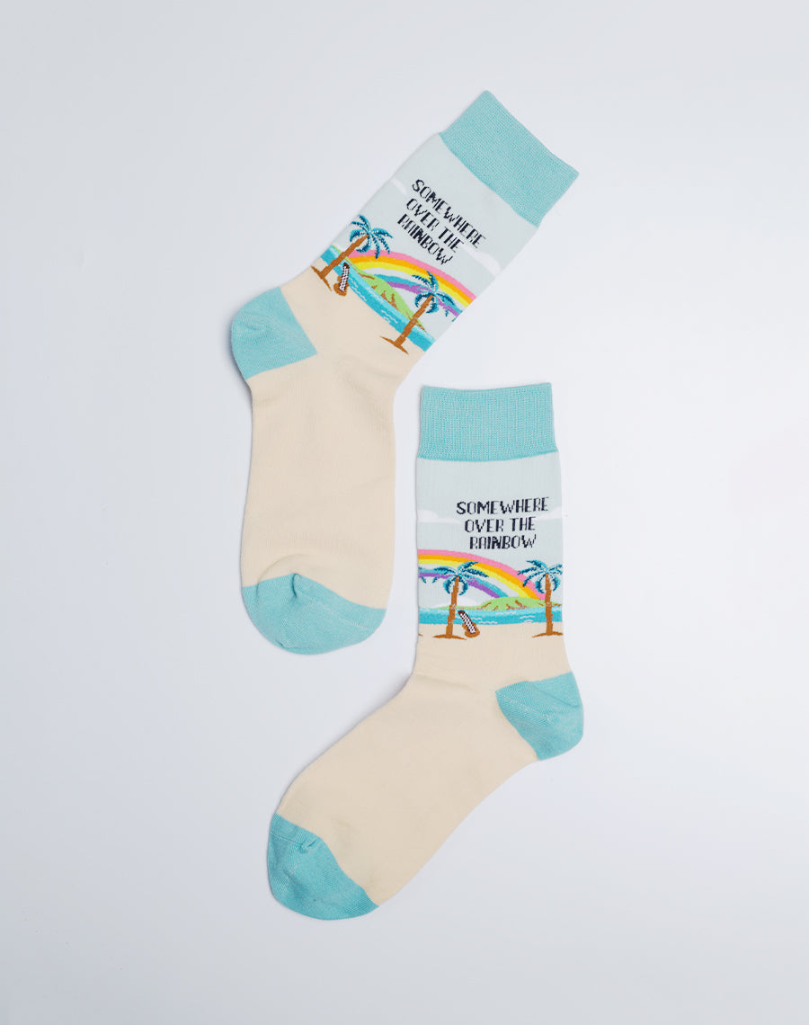 Novelty Socks for Women - Somewhere over the Rainbow Beach Printed Tan Blue Color socks