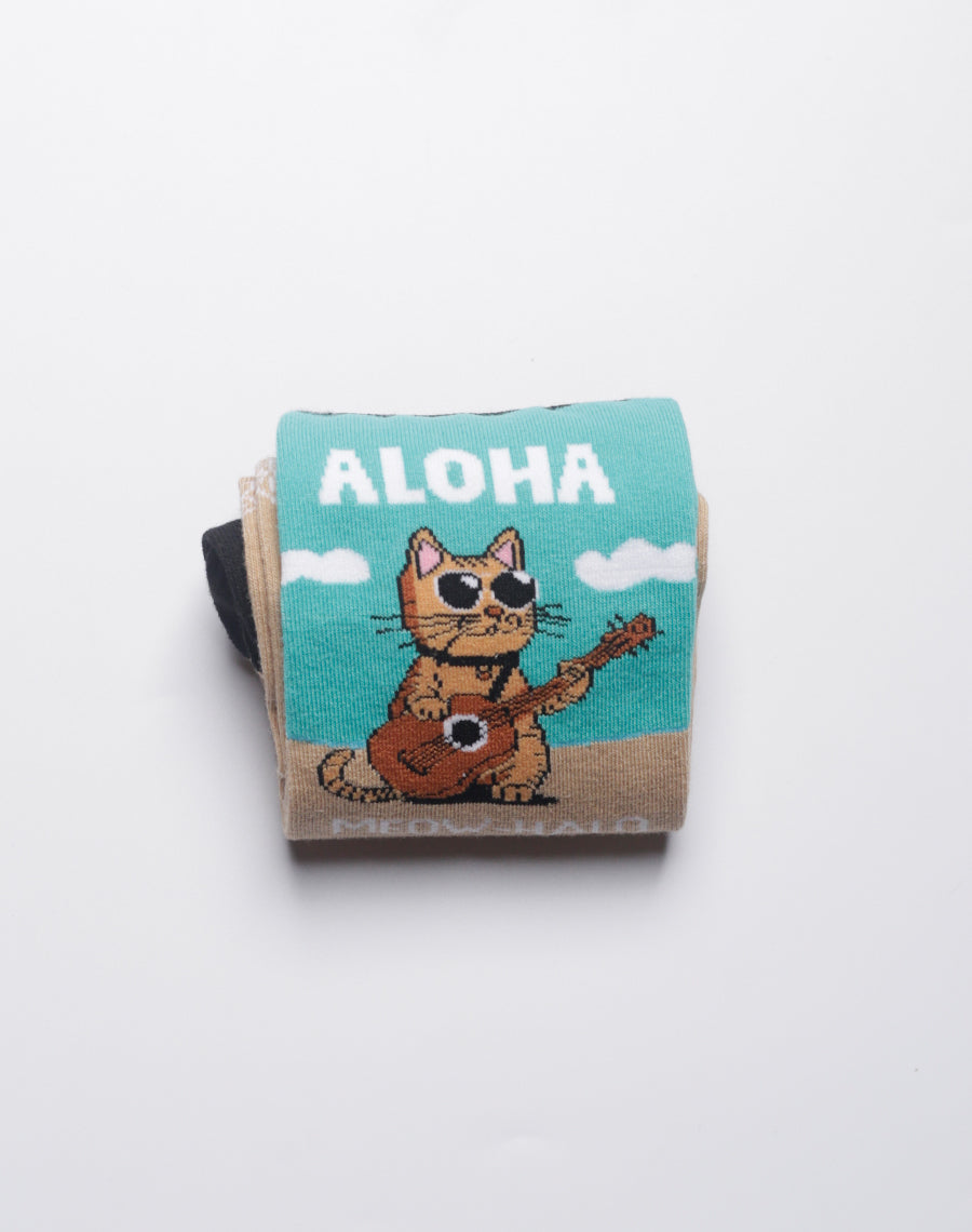 Quirky crew socks with beach cats and ukulele graphics