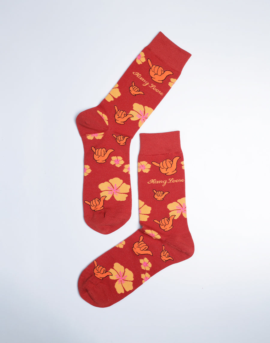 Shaka Floral Socks for Men - Red Color Crew Socks