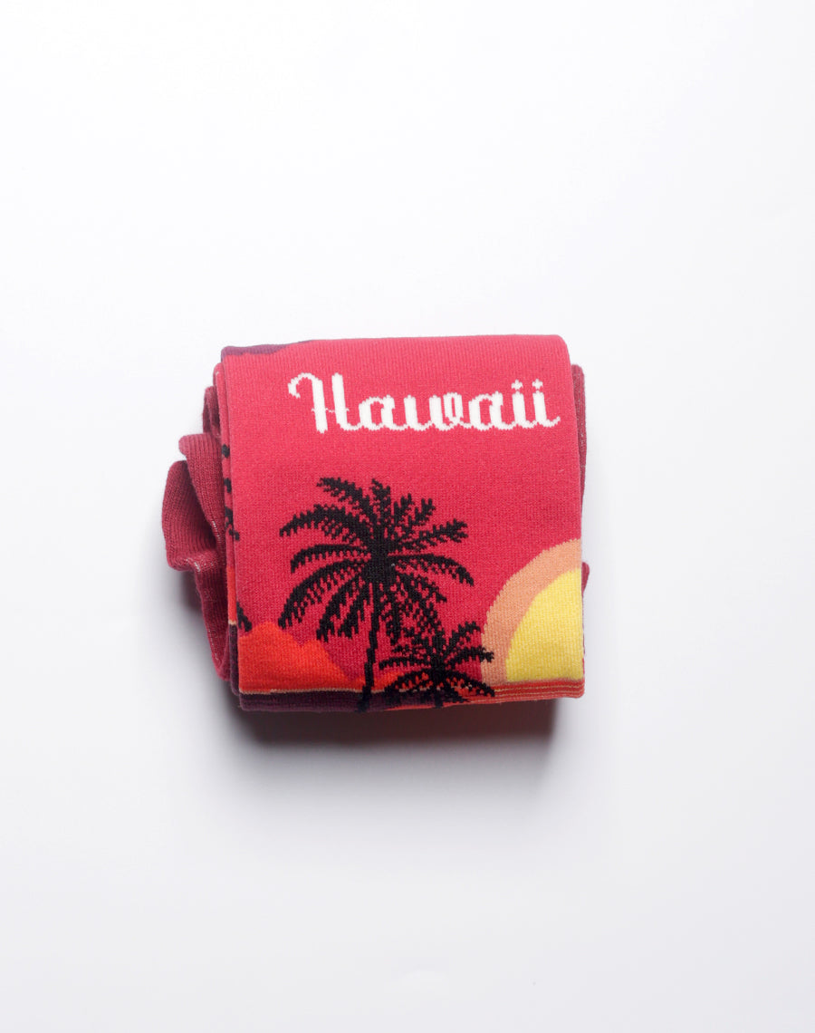 Red and burgundy tropical socks with sunset print