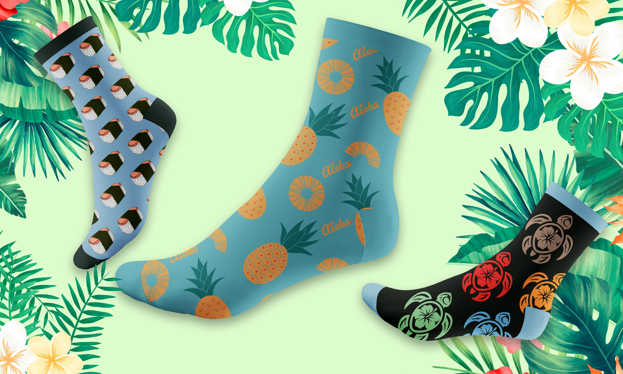 Blue Aloha Black Tribal Blue Musubi Crew Socks