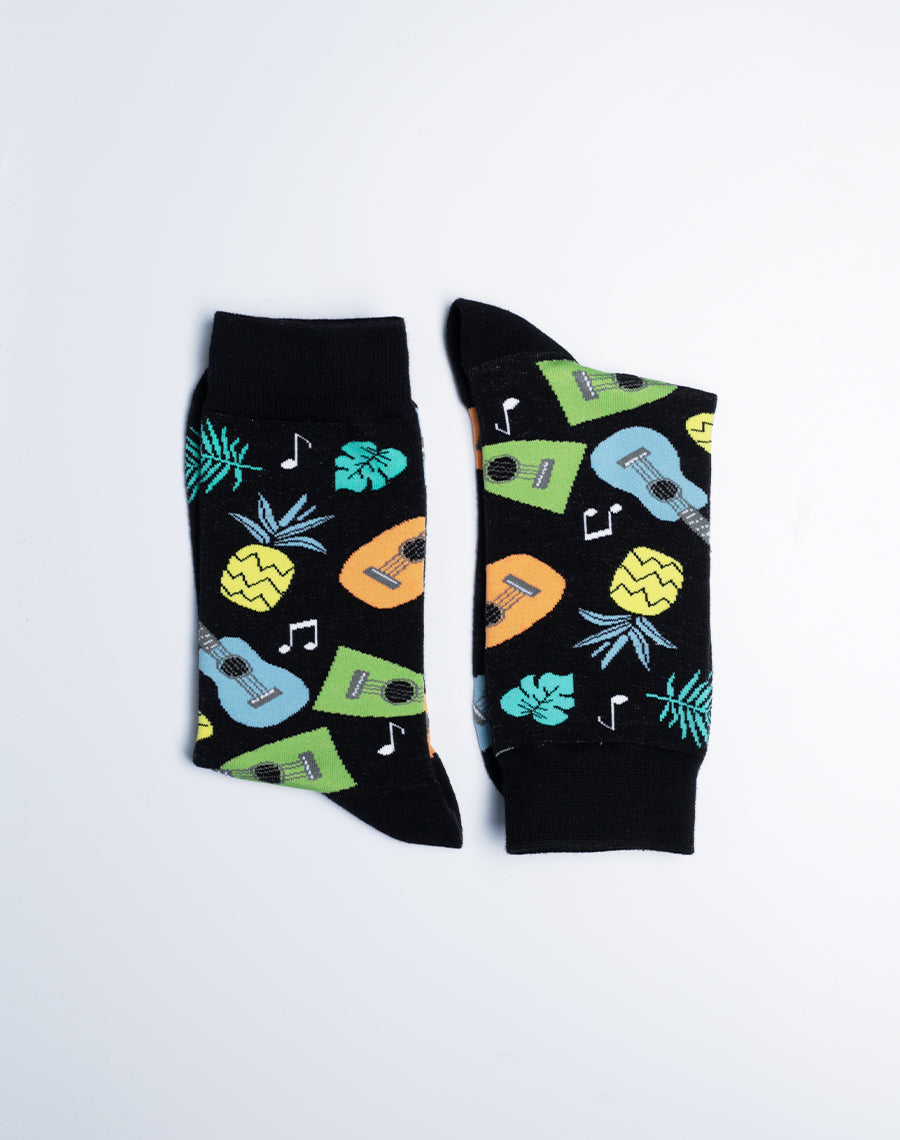 Mens Crew Socks - Black Color Ukulele Printed Socks for Men