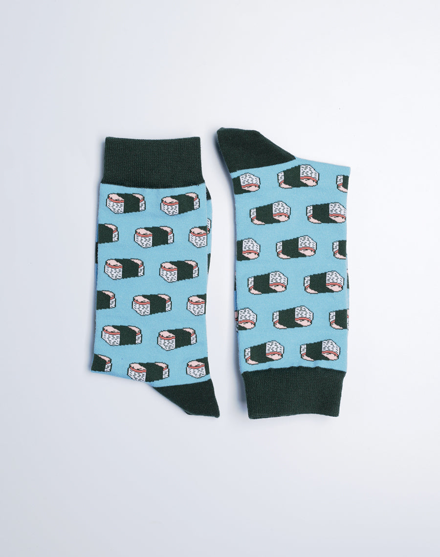 Mens Blue Green Cotton Made Socks - Spam Musubi Printed Hawaiian Socks