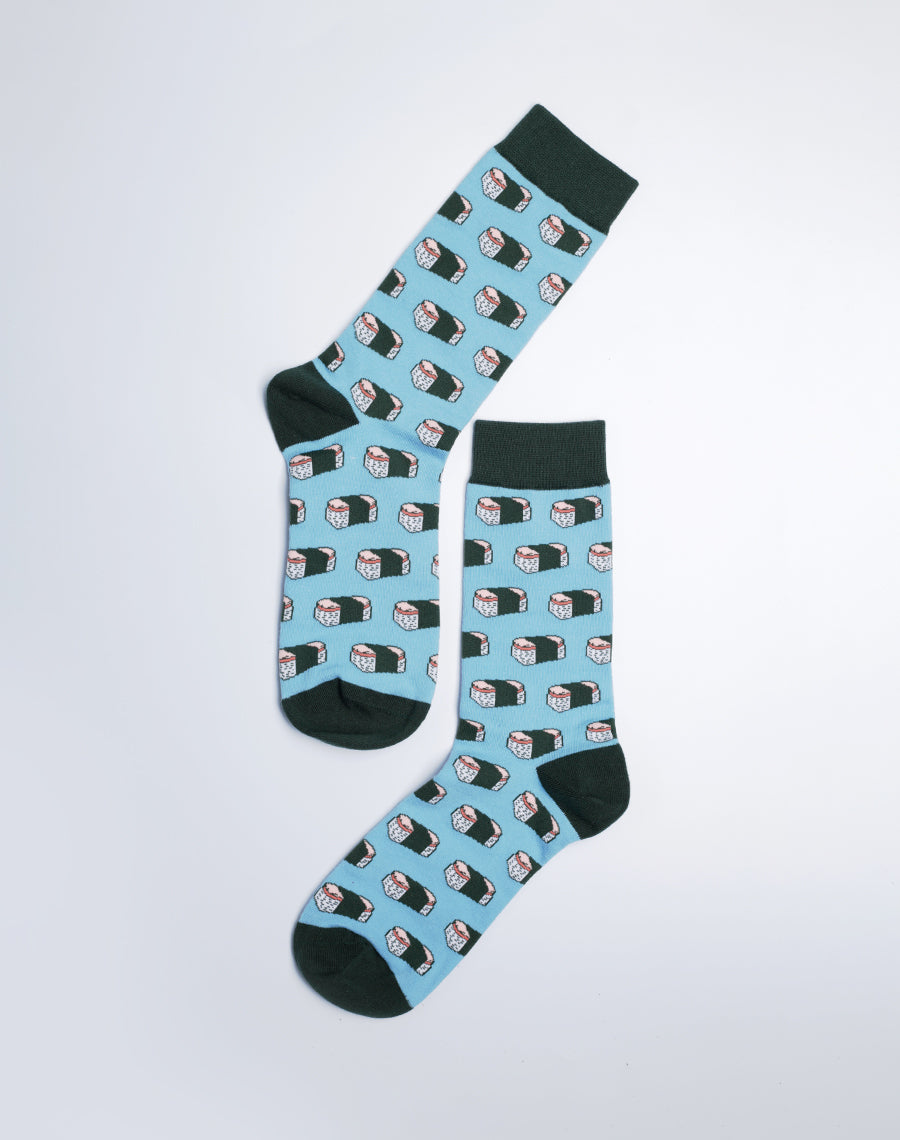 Best Hawaii Socks for Food Lovers - Spam Musubi Socks for Men - Blue color