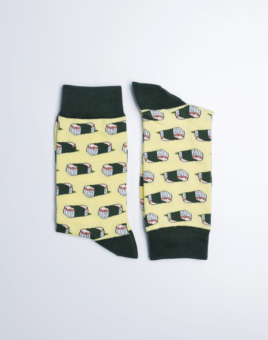 Yellow Color Socks with Multicolor Design - Spam Musubi Hawaiian Crew Socks