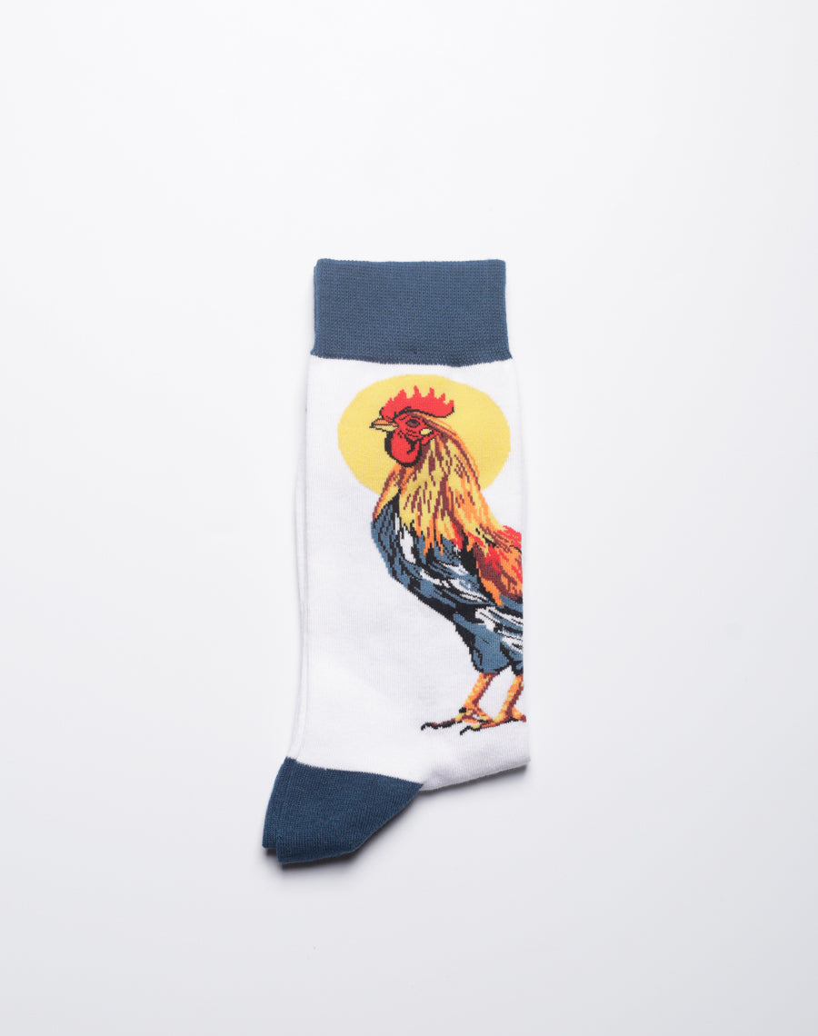 Stylish novelty socks with rooster and chicken design in bright contrasting colors