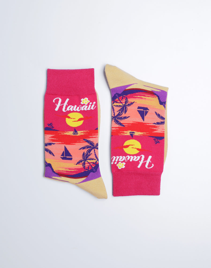 Sunset Tropical Hawaii Crew Socks - Pink and Sand Color Socks