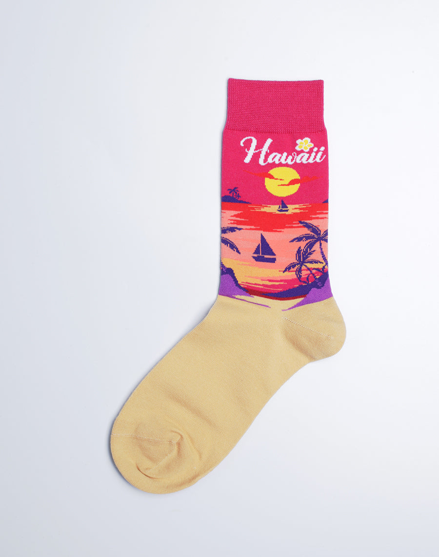 Women's Sunset Beach Hawaii Crew Socks - Pink and Sand Color Socks