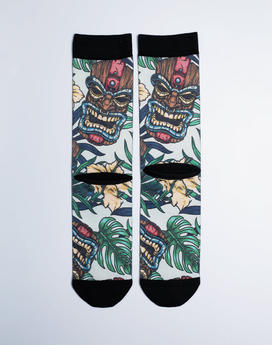 Unisex Tiki Tribe Floral Printed Multicolor Crew Socks - Just fun Socks