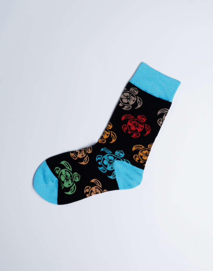 Black/Multi Color Cotton Made Machine Washable Tribal Turtle Socks 