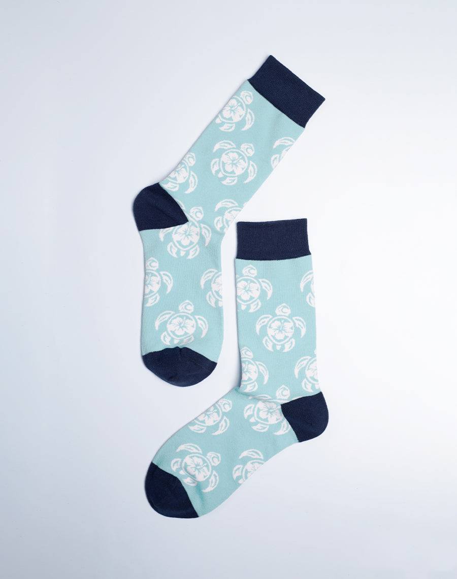 Tribal Turtle Tropical Crew Socks for Women - Light Blue color Socks with Turtle Print