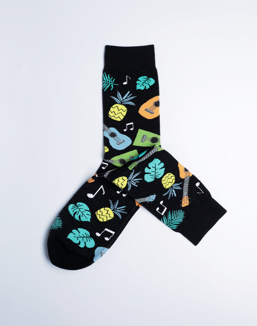 Ukelele and Pineapple Printed Cotton Made Socks for Men - Black