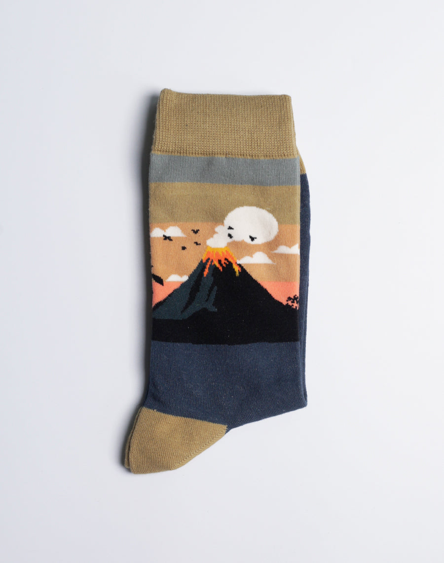 Flat-lay image of the Lava Land Volcano Crew Socks, displaying their bold colors and premium cotton fabric.