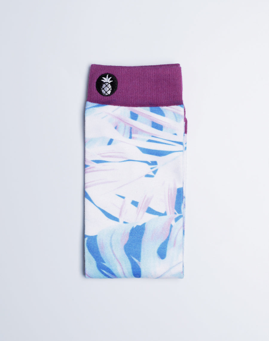 Neon Palm Leaves Tropical Socks for both Men and Women - Purple Blue and White Color