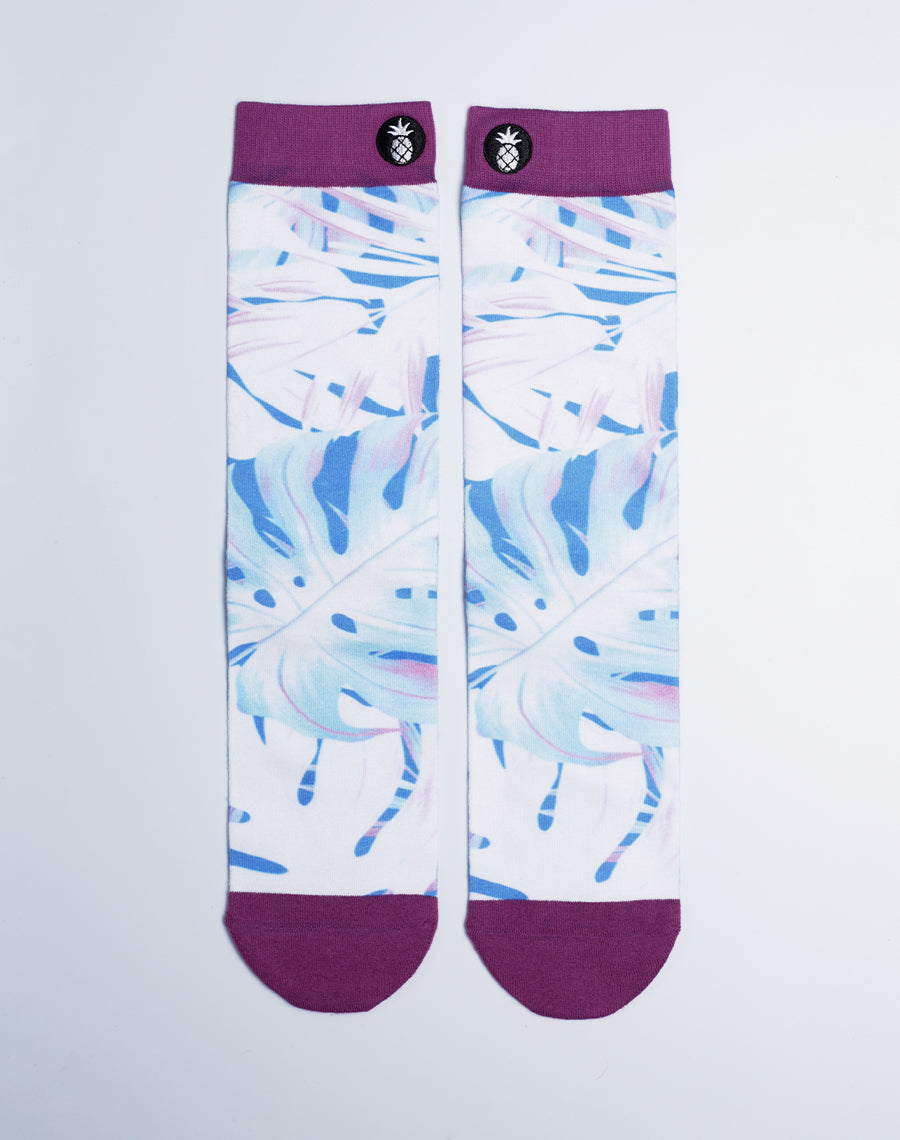 Unisex Tropical Themed Neon Palm Crew Socks - White and Purple Color Cotton made Socks