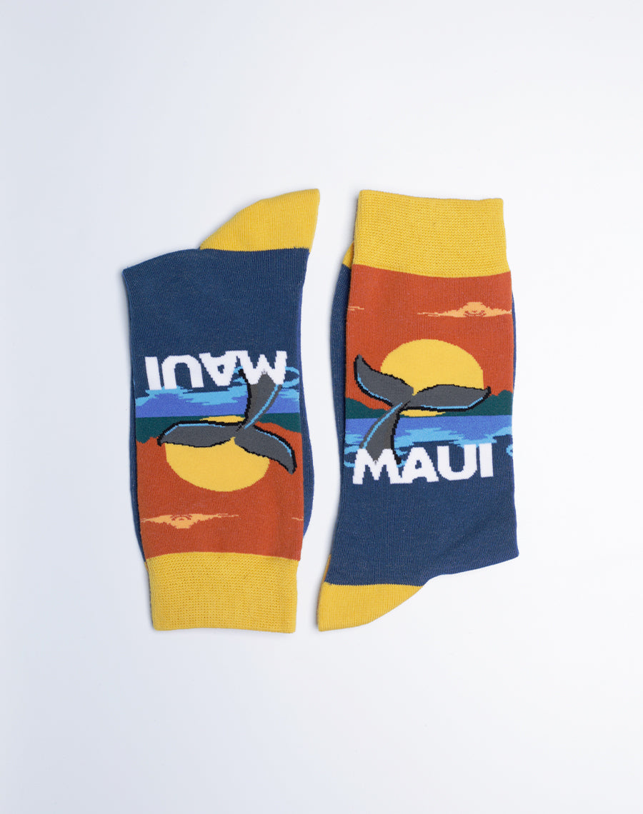 Whale Fin Maui Printed Navy Blue Crew Socks for Women