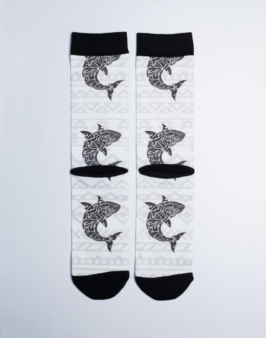 Tribal Great White Shark Printed Crew Socks for both men and Women