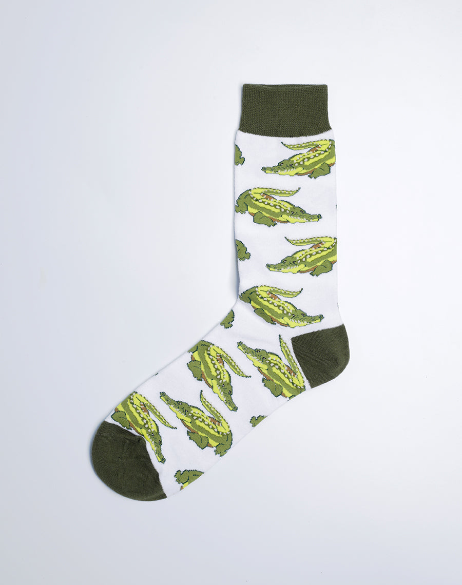 White Green Stitched Alligator Printed Socks for Men - Cotton made and machine washable 