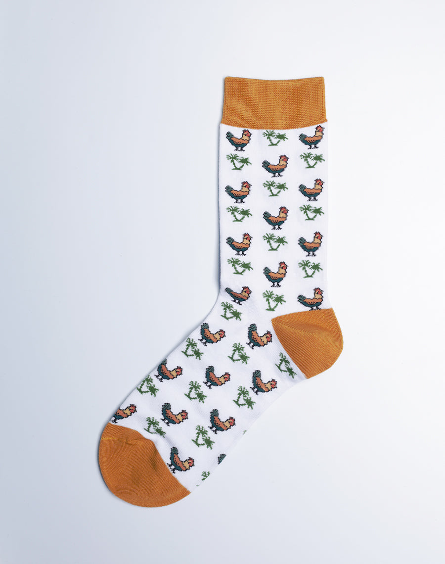 Tropical Socks for Women - Chicken Printed White Socks with Light Brown Heels