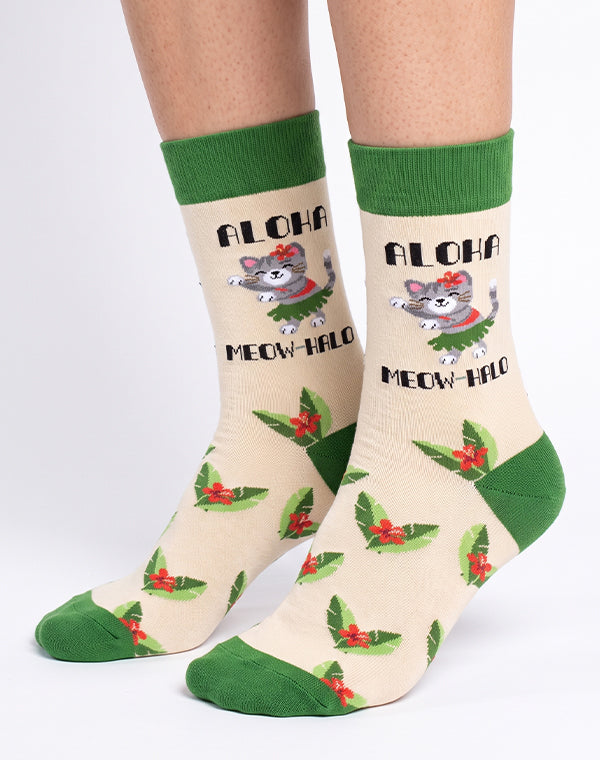 Women's Aloha Meowhalo Cat Crew Socks