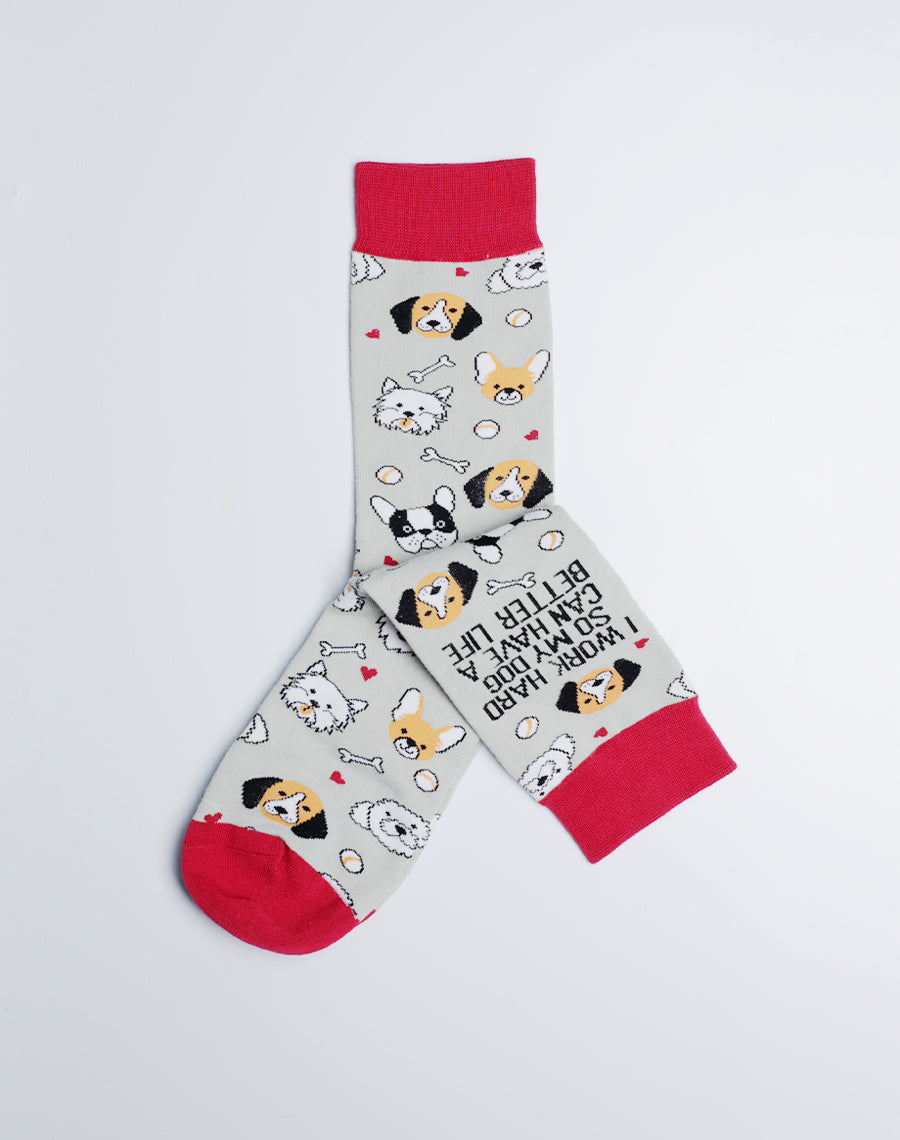 Better Life Dog Crew Socks for Women - Funny Cute Socks Pack for Ladies - Grey Red Color Dog Print Socks
