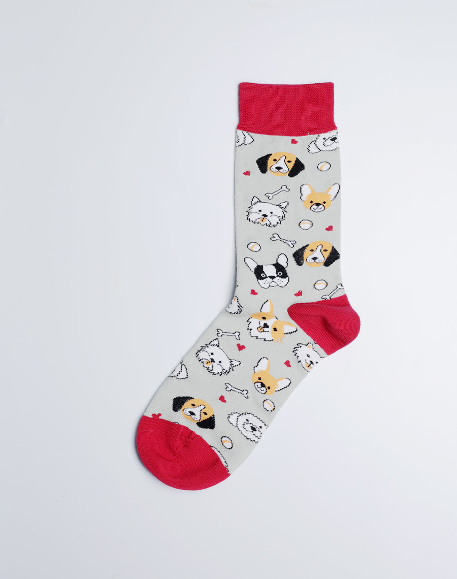 Women's Better Life Dog Crew Socks - Just Fun Socks - Dog Printed Grey Red Socks
