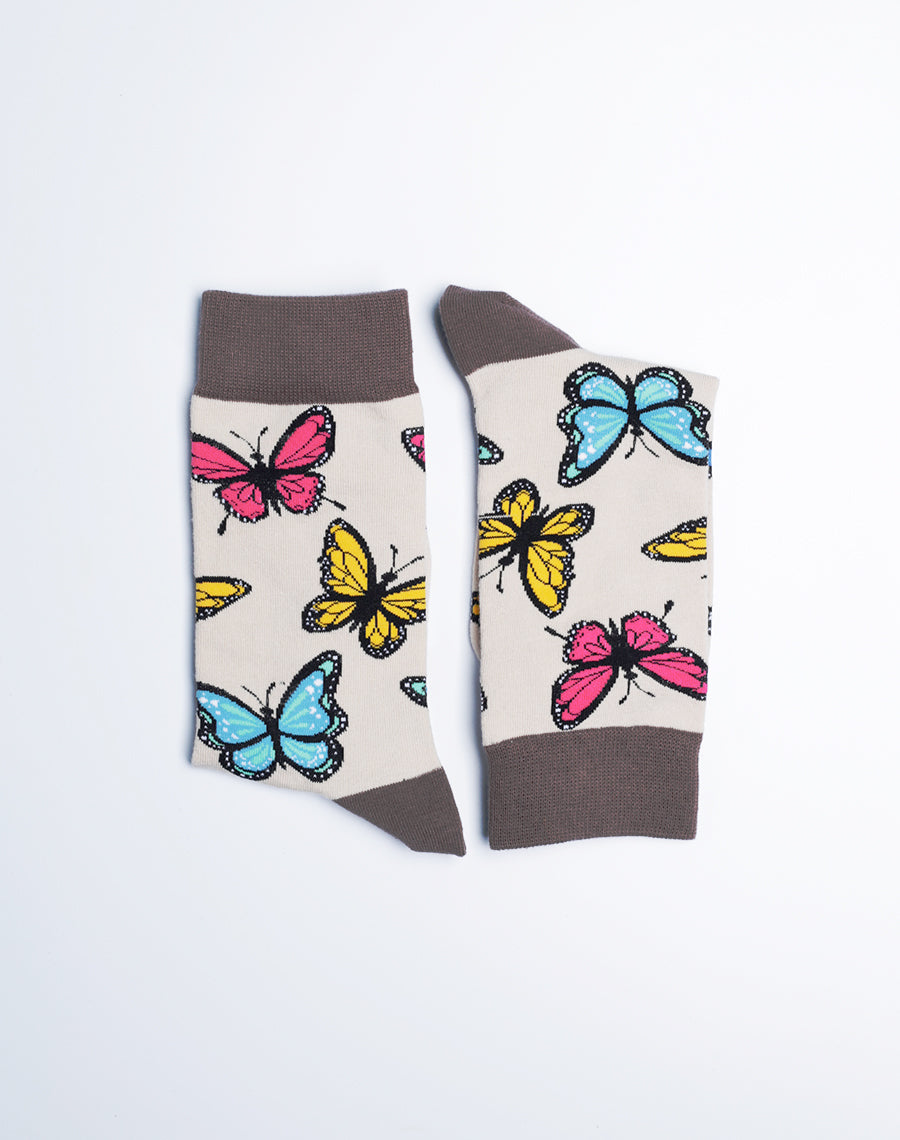 Light Brown Beige Color Socks for Women - Bunches of Butterflies Print