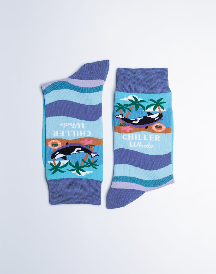 Whale Chilling Printed Funny Crew Socks for Women - Blue Multicolor