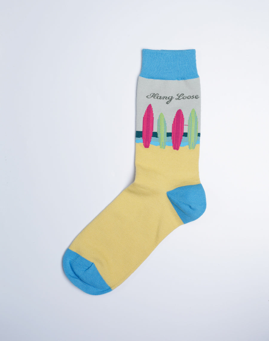 Cotton Made Beach Socks - Yellow Blue Color - Hang Loose Surf Socks