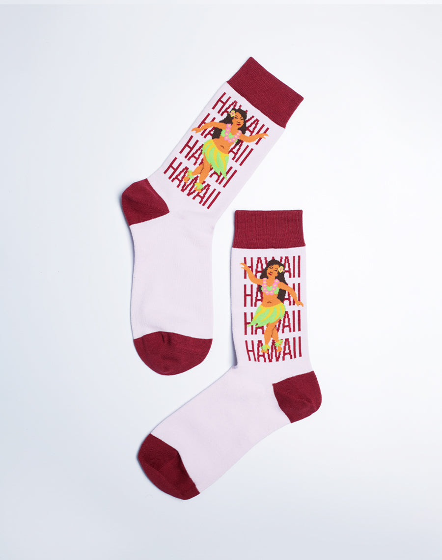 Hawaii Hula Luau Crew Socks - Pink Burgundy Color Socks