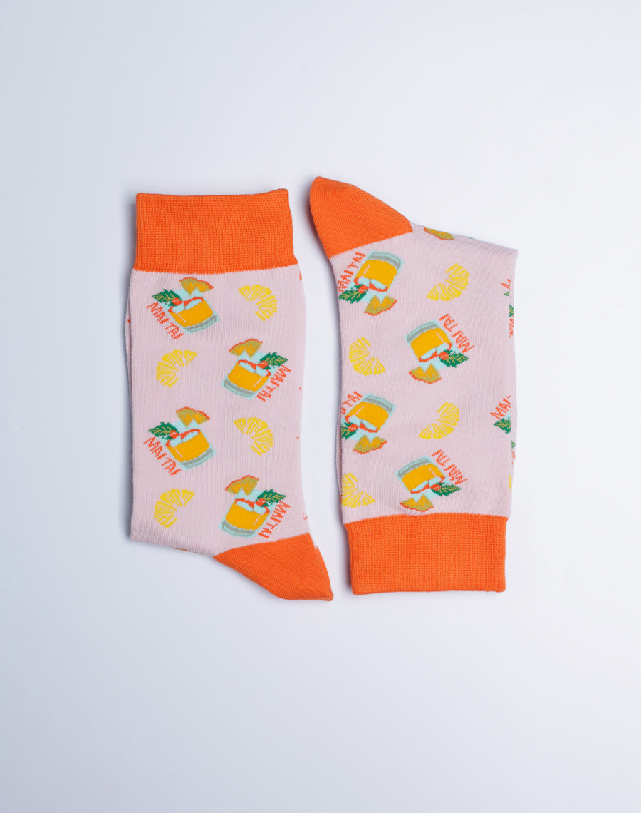 Women's Hawaiian Mai Tai Pineapple Crew Socks - Pink Cotton Made Premium Socks