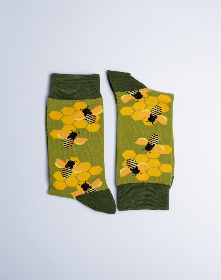 Women's Honeycomb Bee Crew Socks - Cotton Made - Green Color Socks