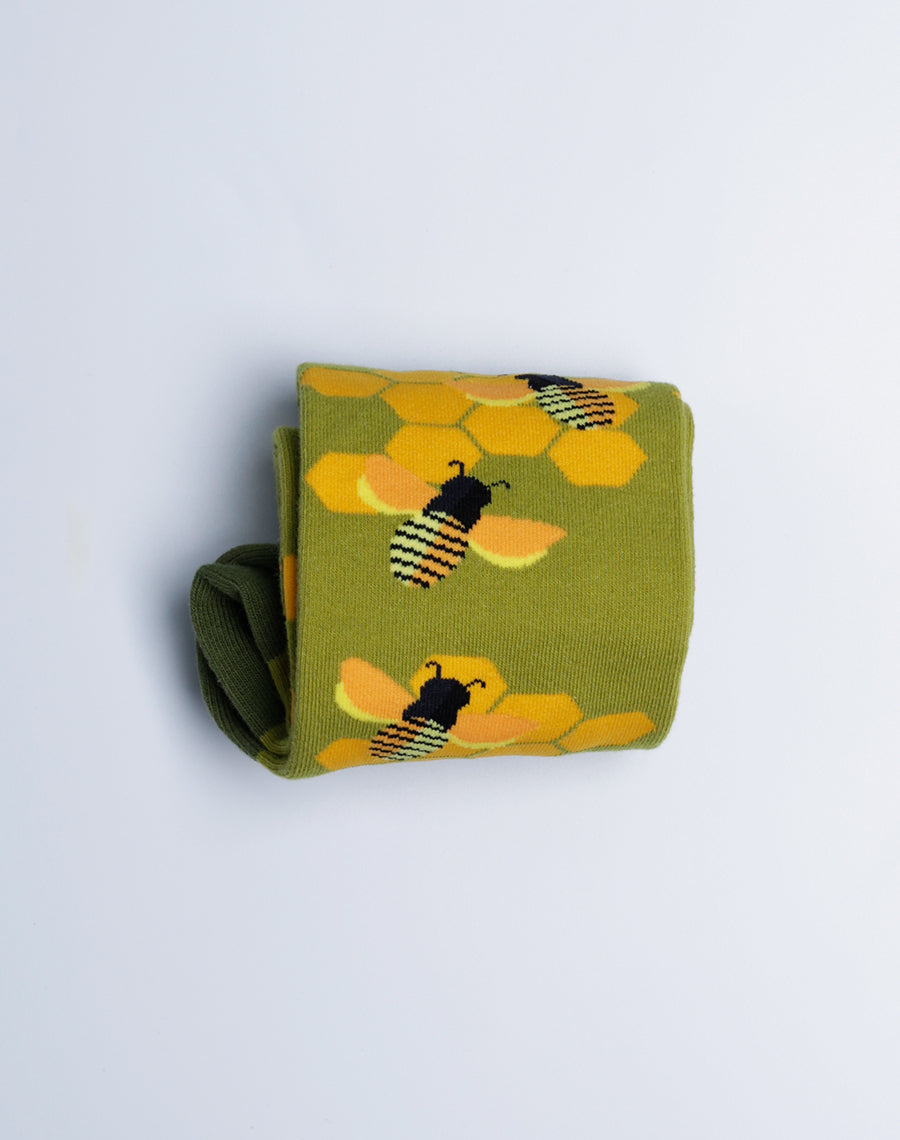 Honeybee Printed Crew Socks for Ladies - Cotton Made Green Socks