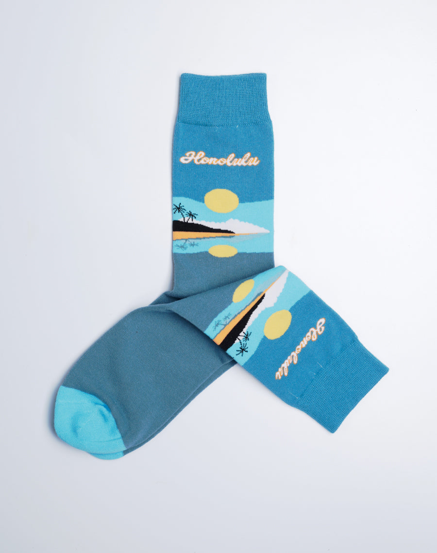 Blue color Socks - Womens Honolulu Reflection Tropical Cotton made Crew Socks